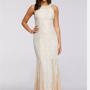 Cachet women's 4 formal beaded mermaid style gown with lace overlay EUC